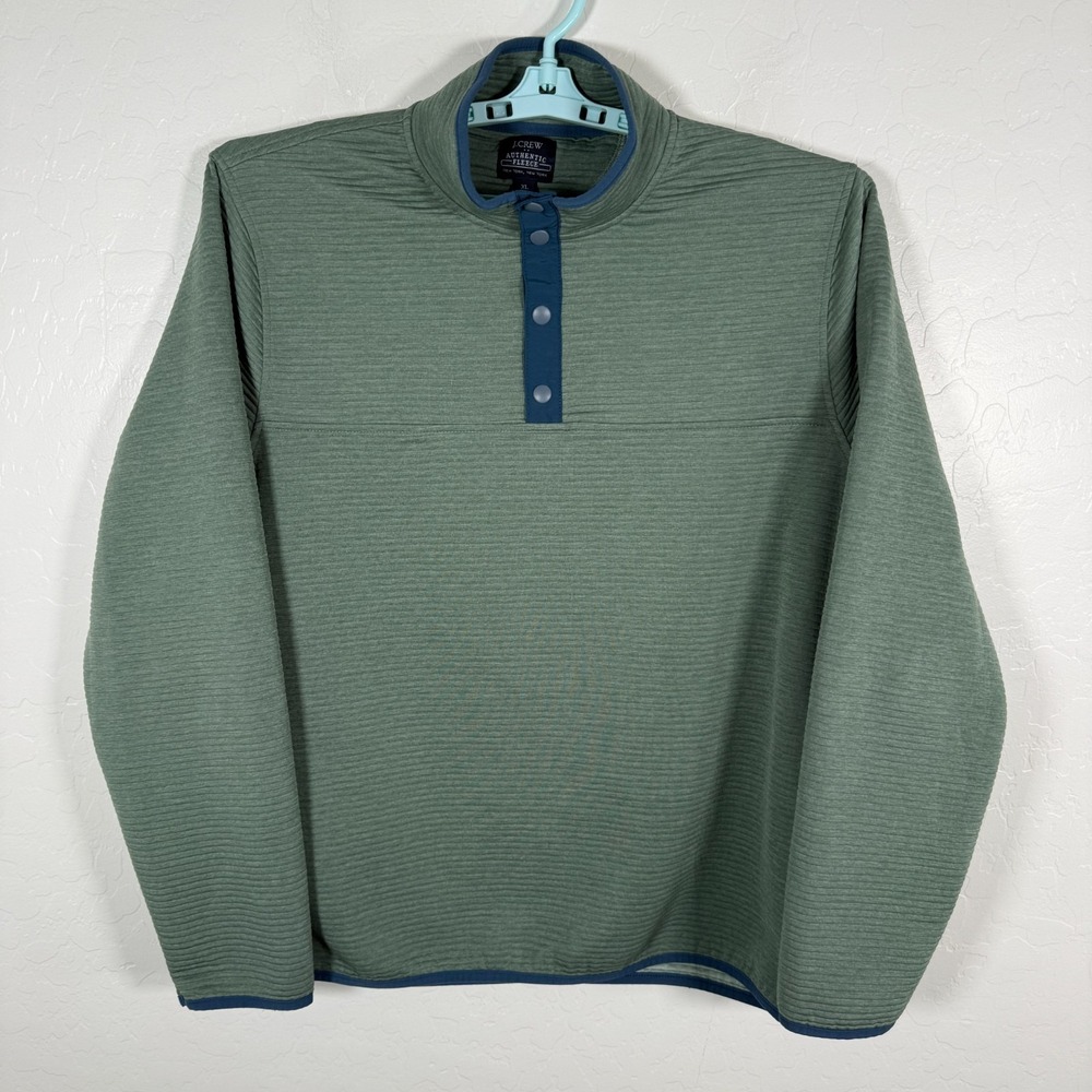 J Crew‎ Sweater Mens XL Green Snap Pullover Ribbed Stretch Preppy Casual